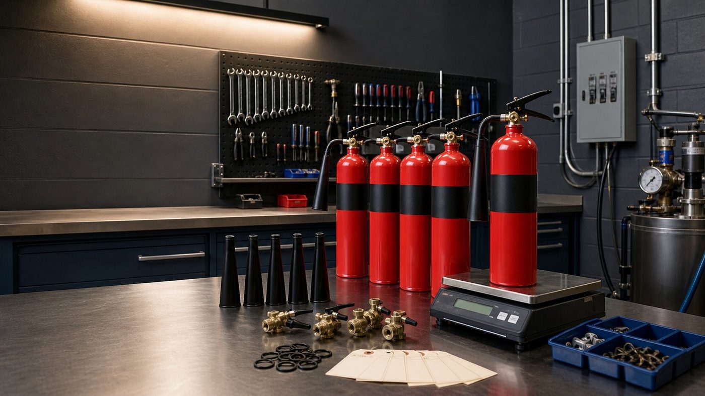 CO2 extinguisher servicing workshop with cylinders, scale, horns, and service parts