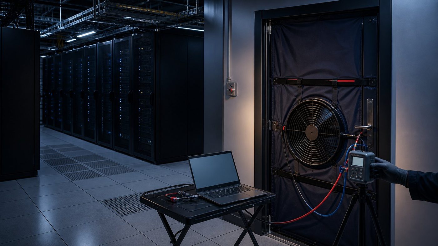 Door fan test setup for enclosure integrity testing in a server room