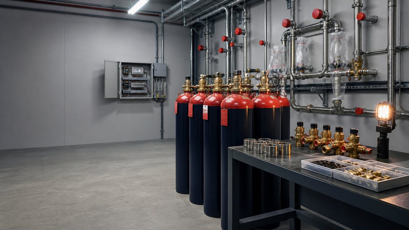 Fire suppression cylinders and service components prepared for testing, commissioning, or reinstatement work