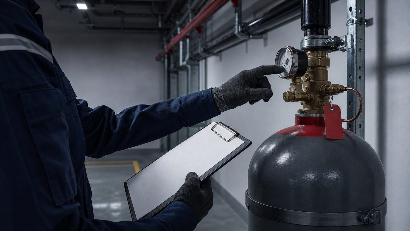 Technician checking a fire suppression cylinder pressure gauge during servicing