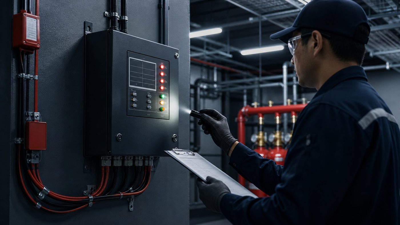 Technician inspecting a fire suppression control panel during a condition survey